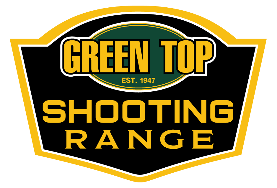 Logo for Green Top Shooting Range features a black shield with a yellow border. GREEN TOP in green and yellow is above Shooting Range in bold yellow text. EST. 1947 appears in smaller yellow text.