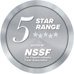 A silver circular badge with 5 Star Range Rated by NSSF and five white stars, labeled The Firearm Industry Trade Association in smaller font below.