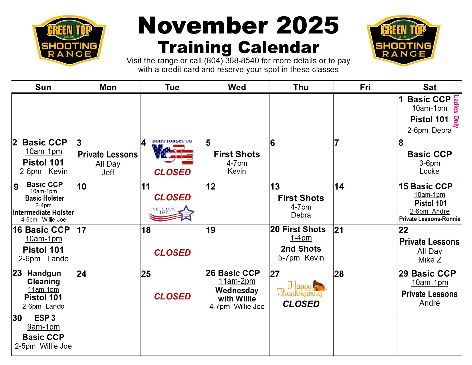 November Training Schedule