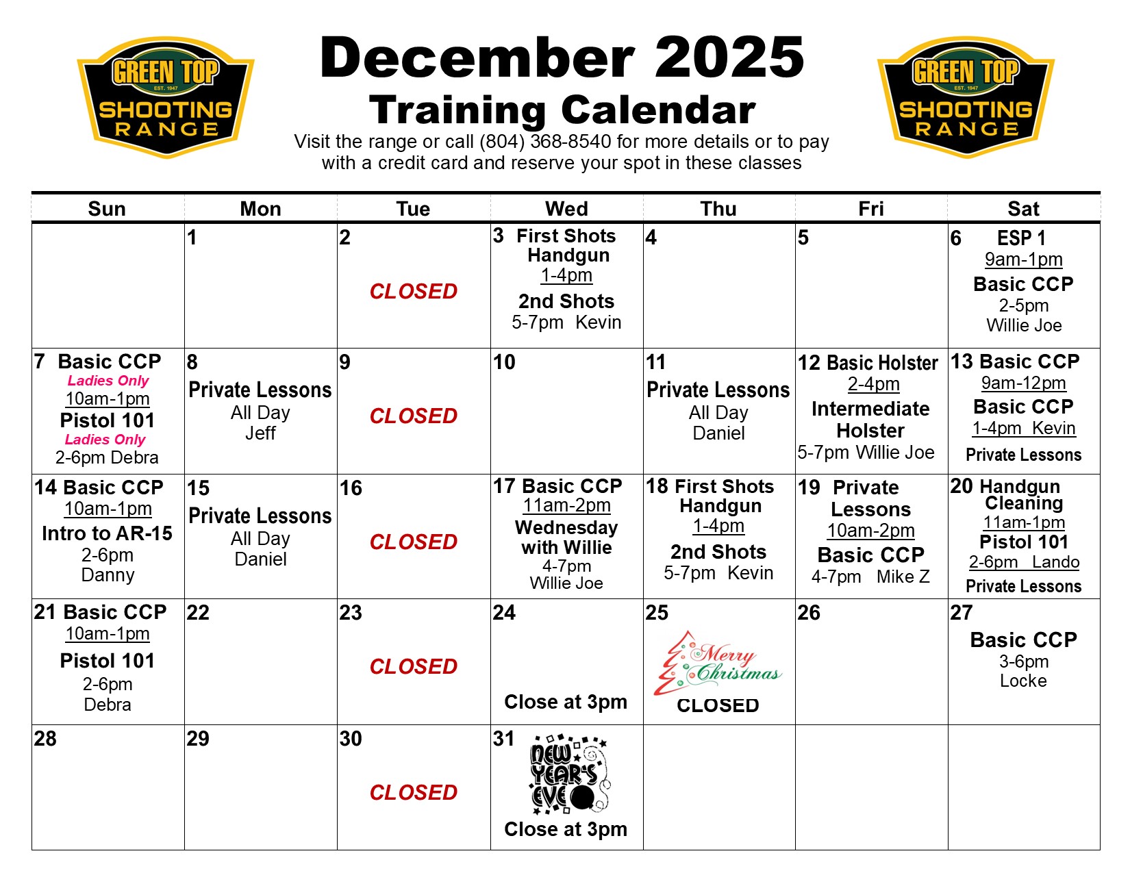 December Training Schedule
